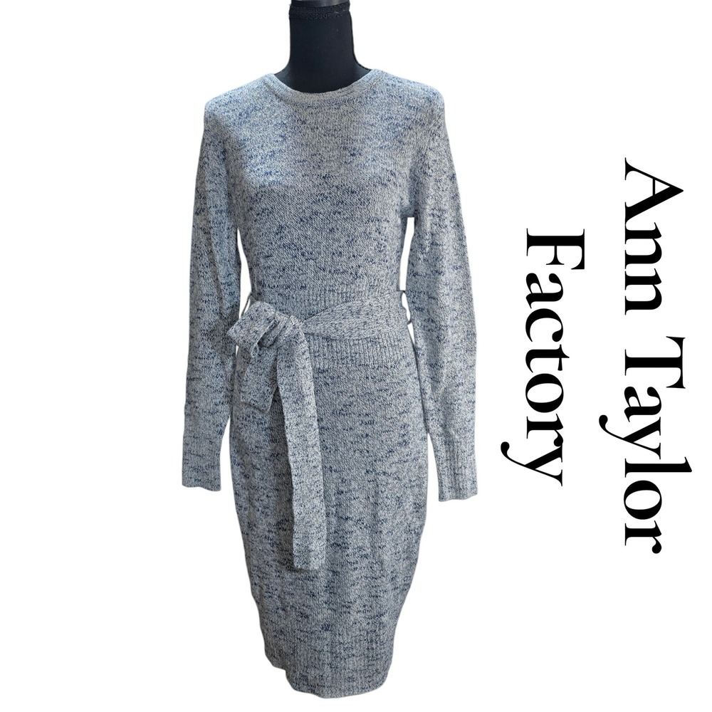 Ann Taylor Factory Sweater Dress Womens Small Blue White Marled Knit Belted Midi